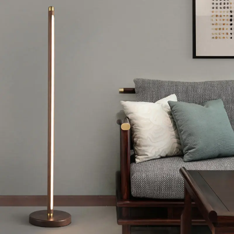 Modern Minimalist Linear Wood Copper Acrylic LED Standing Floor Lamp For Bedroom