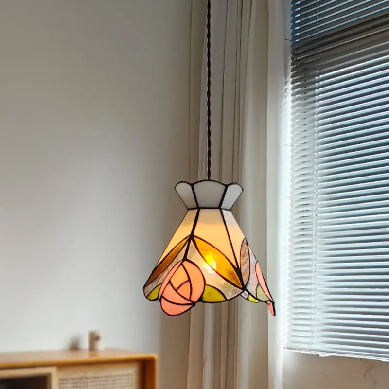 Traditional Vintage Rose Colored Glass Copper 1-Light Pendant Light For Living Room