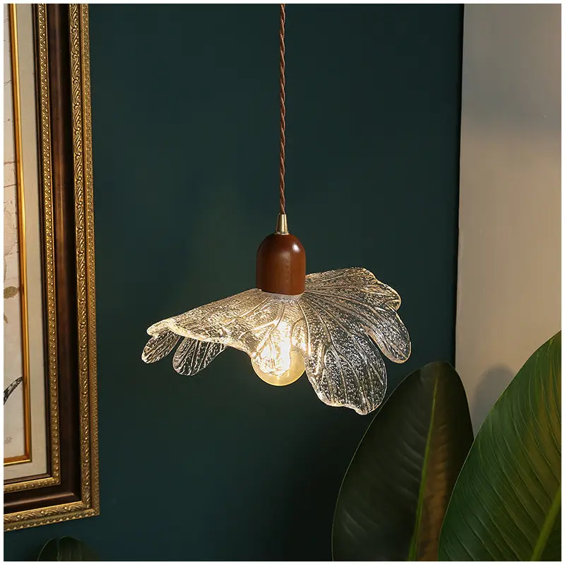 Traditional Vintage Cylinder Petal Glass Brass Walnut 1-Light Pendant Light For Bedroom