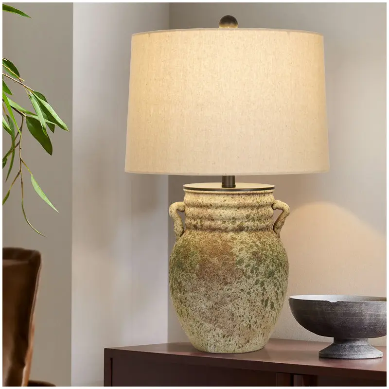Traditional Vintage Round Vase Jar Base Ceramic Fabric 1-Light Table Lamp For Living Room