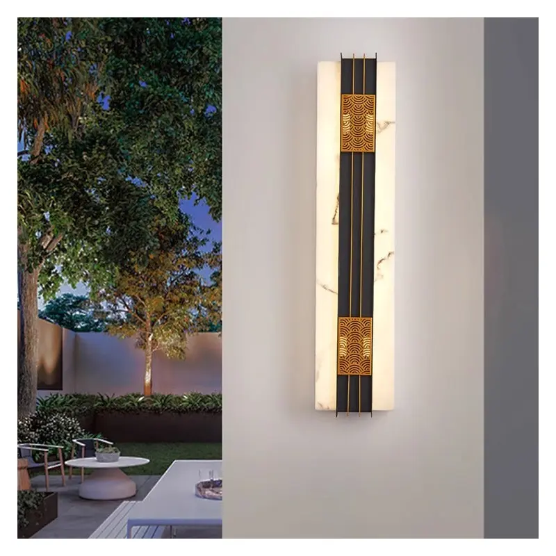 Traditional Chinese Rectangular Cloud Stainless Steel Faux Marble LED Wall Sconce Lamp For Garden