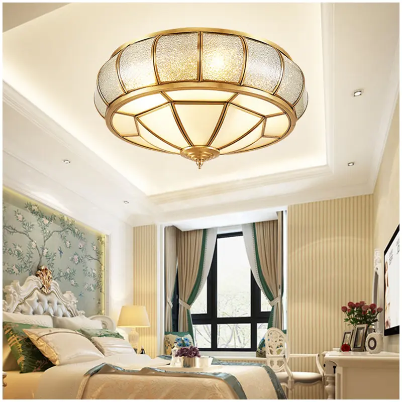 Traditional European Flying Saucer Shaped Half Round Globe Copper Glass 3/4/6 Light Flush Mount Ceiling Light For Living Room