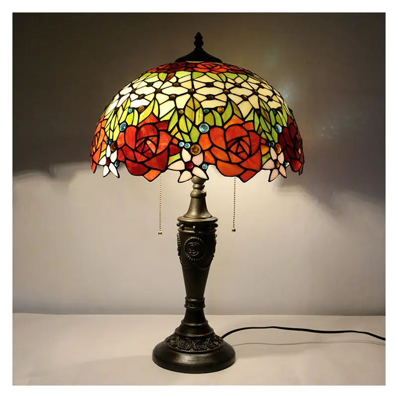 Traditional Tiffany Half Ball Rose Resin Stained Glass 2-Light Table Lamp For Bedroom
