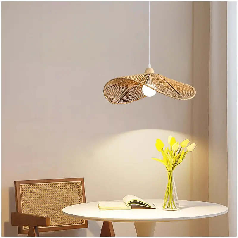 Traditional Vintage Wood Paper Rope Weaving Straw Hat Shape 1-Light Pendant Light For Living Room