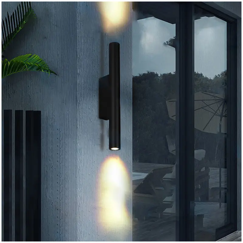Modern Minimalist Long Cylinder Rectangle Base Aluminum Tempered Glass LED Waterproof Wall Sconce Lamp For Garden
