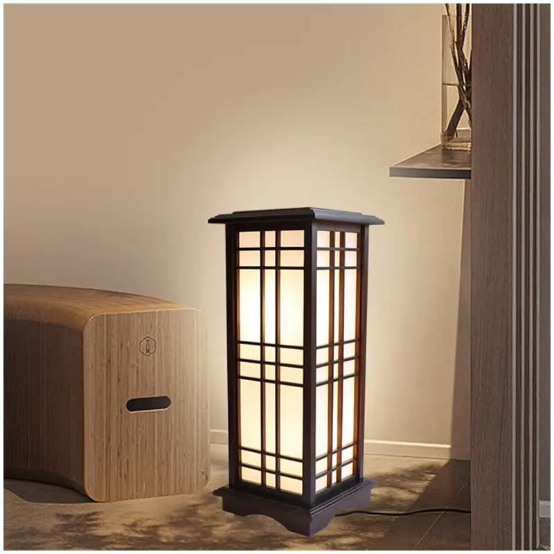 Traditional Chinese Rectangular Parchment Wood 1-Light Standing Floor Lamp For Entertainment Rooms