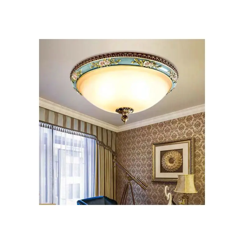 Traditional European Engraved Resin Frame Glass Dome Shade 2-Light Flush Mount Ceiling Light For Living Room