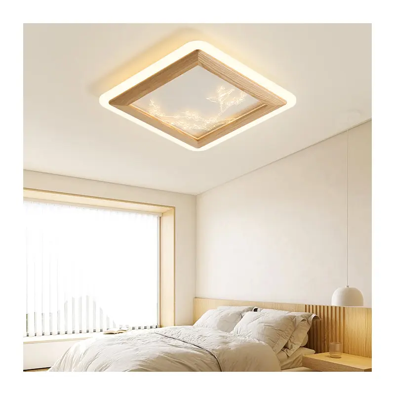 Traditional Japanese Ash Wood Acrylic Round Square Flower Branch LED Flush Mount Ceiling Light For Bedroom