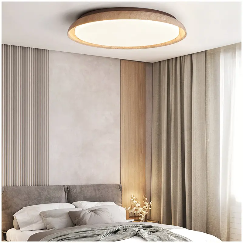 Traditional Japanese Round Disc Style Travertine Solid Wood Acrylic LED Flush Mount Ceiling Light For Bedroom