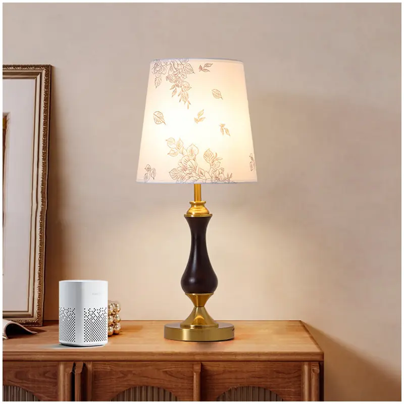 Traditional Vintage Round Table Bottle Disc Base Ash Wood Hardware Fabric 1-Light Table Lamp For Bedroom