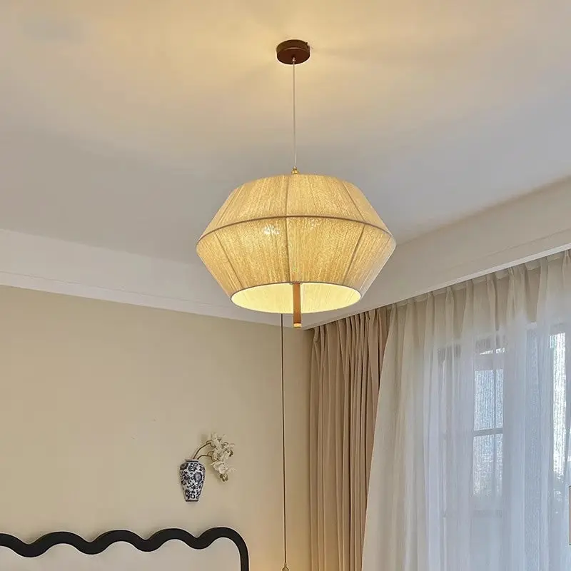 Traditional Vintage Trapezoidal Round Cotton Linen Copper Wood 3-Light Pendant Light For Living Room