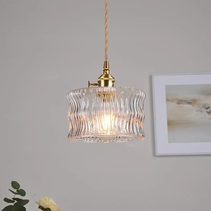 Traditional Vintage Round Cylinder Willow Glass Brass 1-Light Pendant Light For Living Room