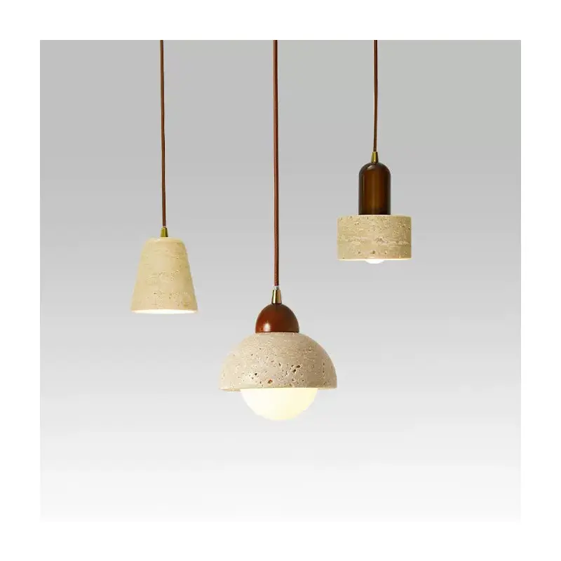 Traditional Vintage Round Tapered Glass Yellow Travertine Iron 1-Light Pendant Light For Bedroom