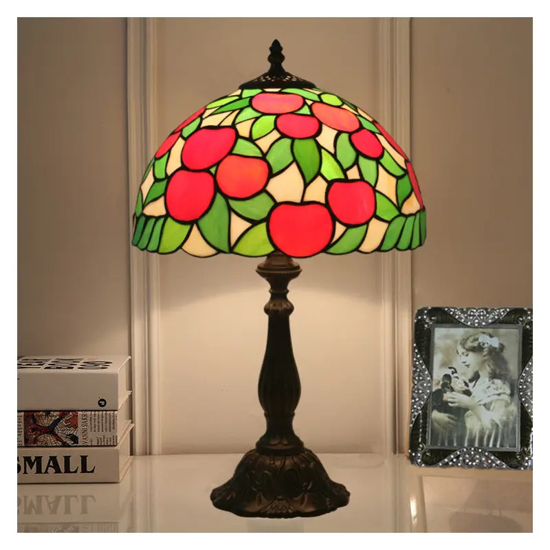 Traditional Tiffany Pastoral Apple Pattern Stained Glass Resin 1-Light Table Lamp For Home Office