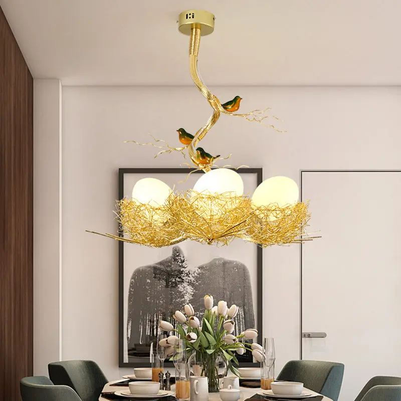 Contemporary Creative Bird Nest Bird Egg Aluminum Glass 1/2/3 Light Chandelier For Living Room