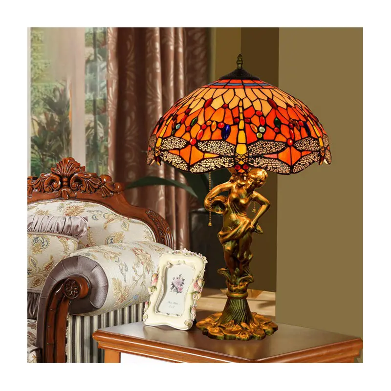 Traditional Tiffany Dragonfly Conical Copper Alloy Stained Glass 3-Light Table Lamp For Bedroom