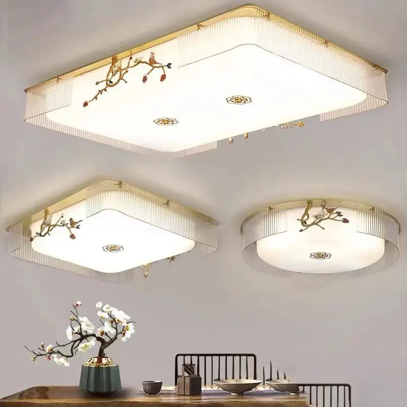 Traditional Chinese Flower Twig Round Acrylic Iron LED Flush Mount Ceiling Light For Bedroom