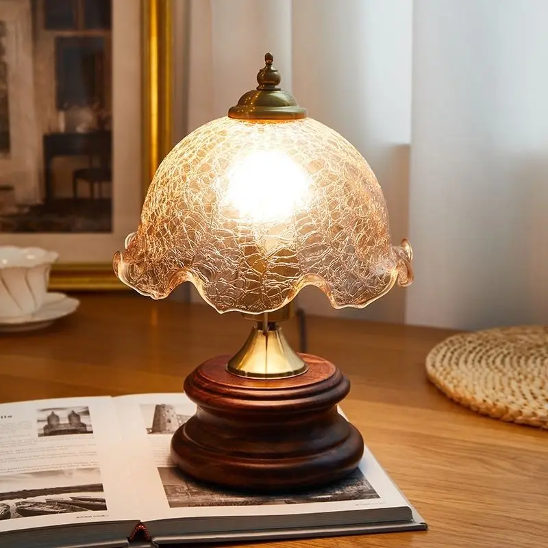 Traditional Vintage Cone Glass Iron Solid Wood 1-Light Table Lamp For Bedroom