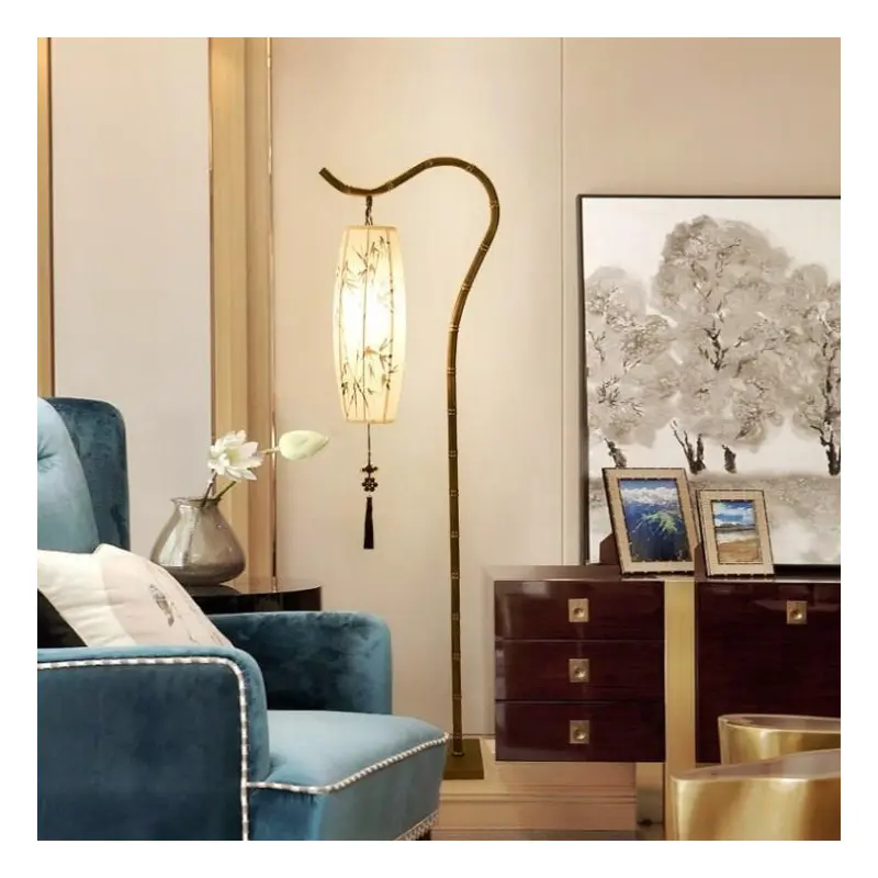 Traditional Chinese Zen Bamboo Painting Fabric Arc Iron Base 1-Light Standing Floor Lamp For Home Office