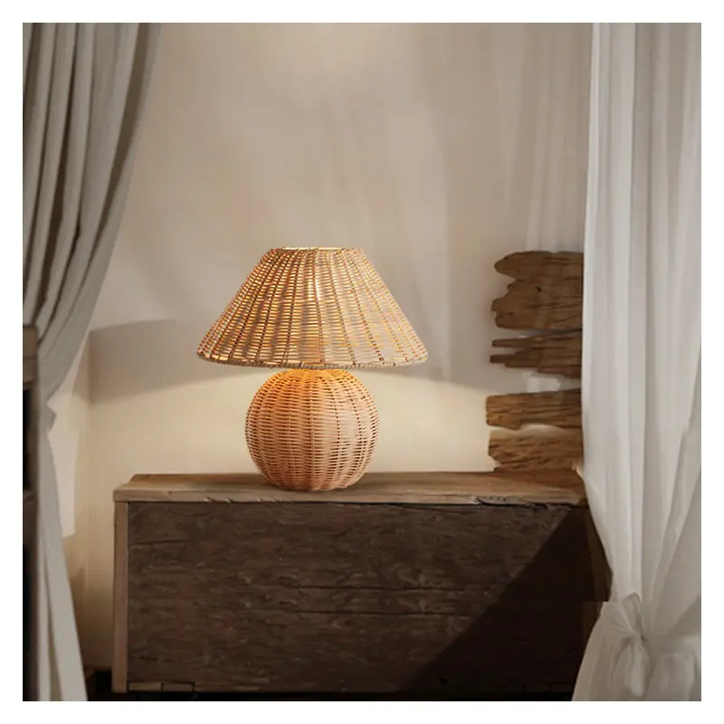 Traditional Japanese Rattan Weaving Round 1-Light Table Lamp For Home Office