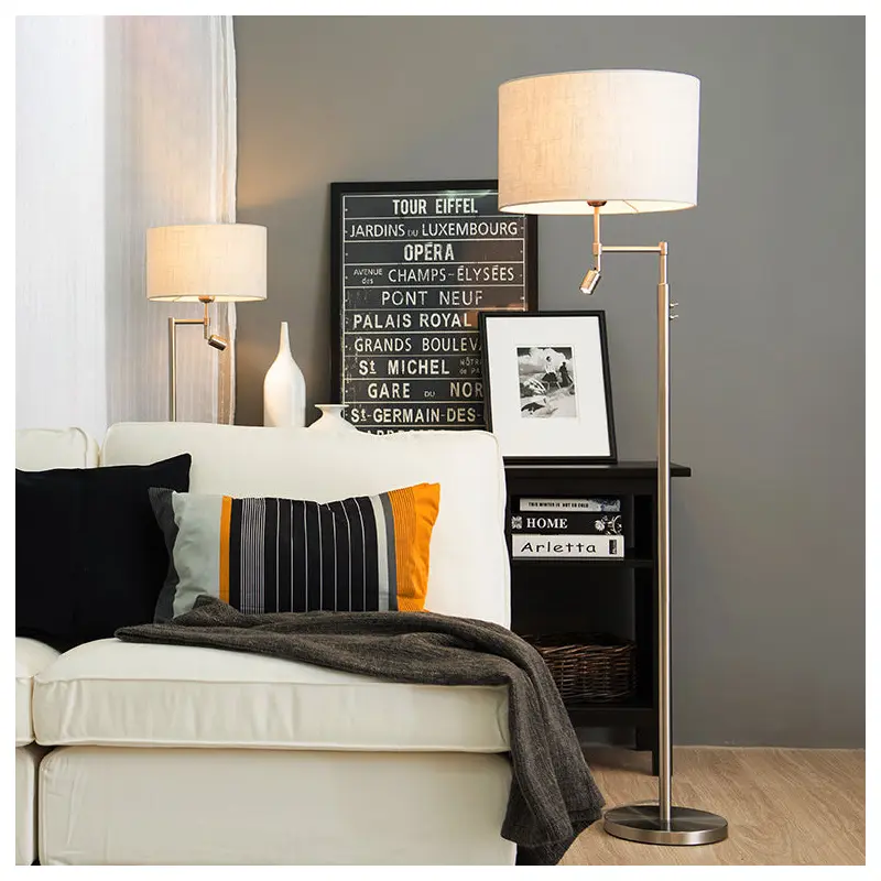 Traditional Vintage Cylinder Fabric Iron 2-Light Rotatable Spotlight Standing Floor Lamp For Home Office