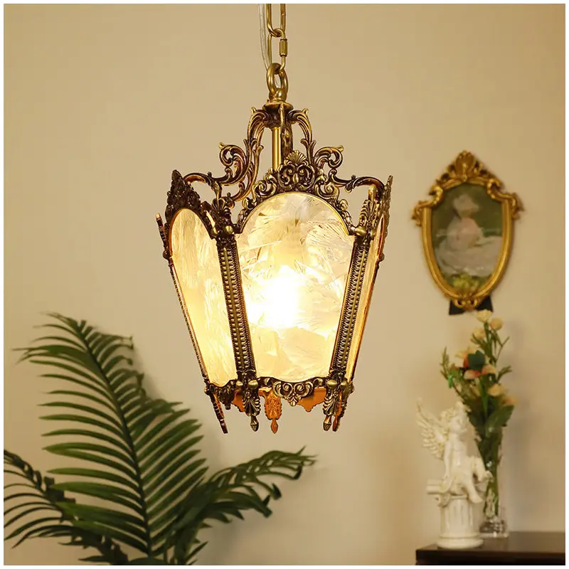 Traditional Vintage Ice Court Curve Glass Copper 1-Light Pendant Light For Living Room