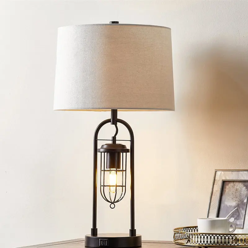 Traditional Vintage Cylinder Linen Metal 1-Light Table Lamp For Bedroom