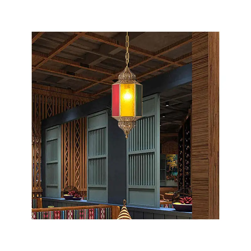 Traditional Vintage Stained Glass Hollow Carved Brass 1-Light Pendant Light For Dining Room