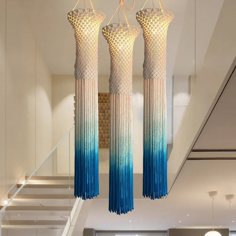 Contemporary Boho Fabric Long Strip Tassel Braided Rope 1 - Light Chandelier For Hallways