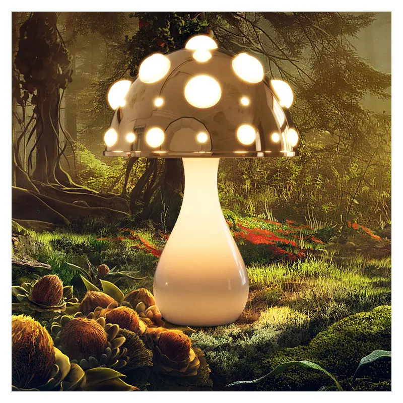 Contemporary Creative Iron PC Mushroom Decoration LED Table Lamp For Bedroom