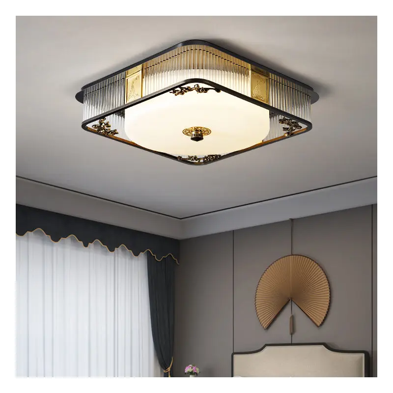 Traditional Chinese Round Copper Stainless Steel Glass LED Flush Mount Ceiling Light For Bedroom