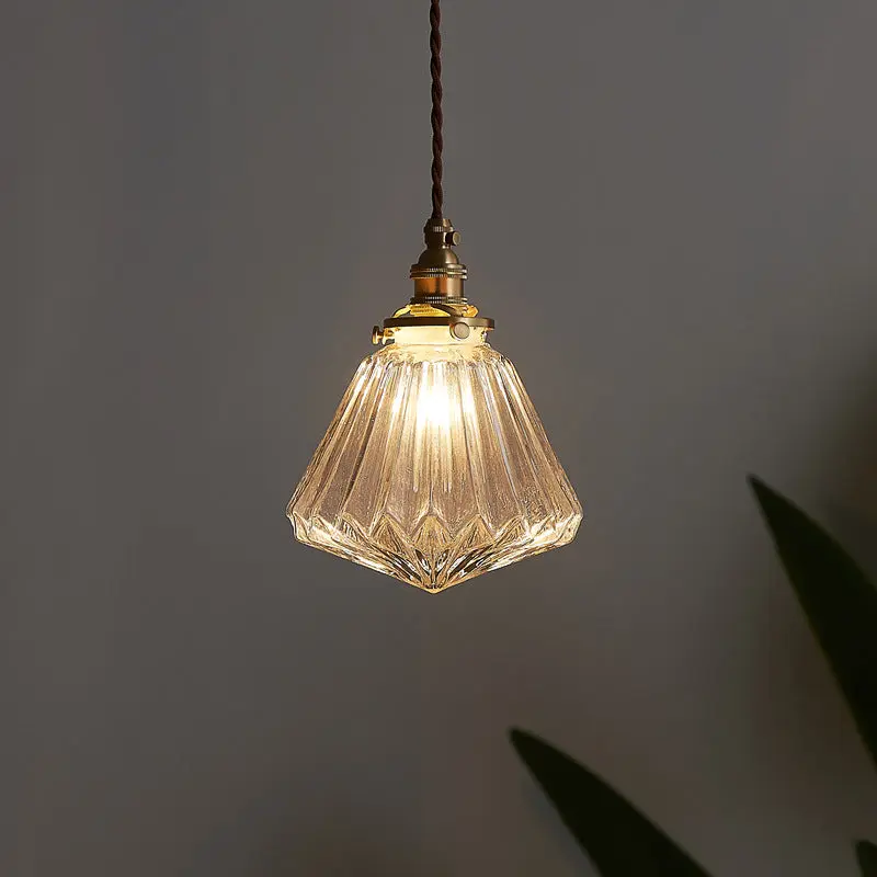 Traditional Vintage Diamond Sphere Cylinder Brass Glass 1-Light Pendant Light For Bedroom