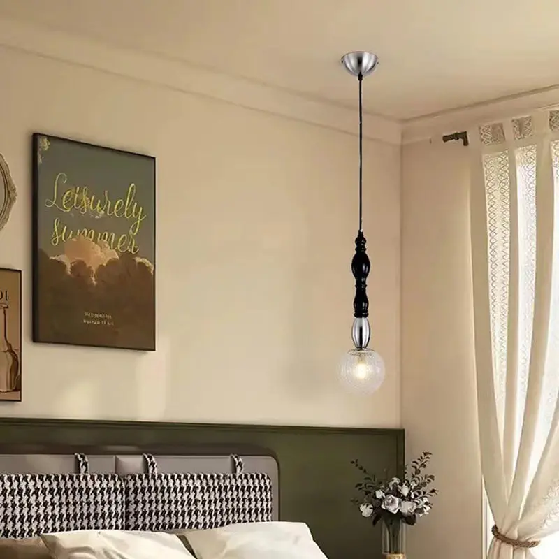 Traditional Vintage Orb Long Glass Ash Wood Hardware 1-Light Pendant Light For Living Room