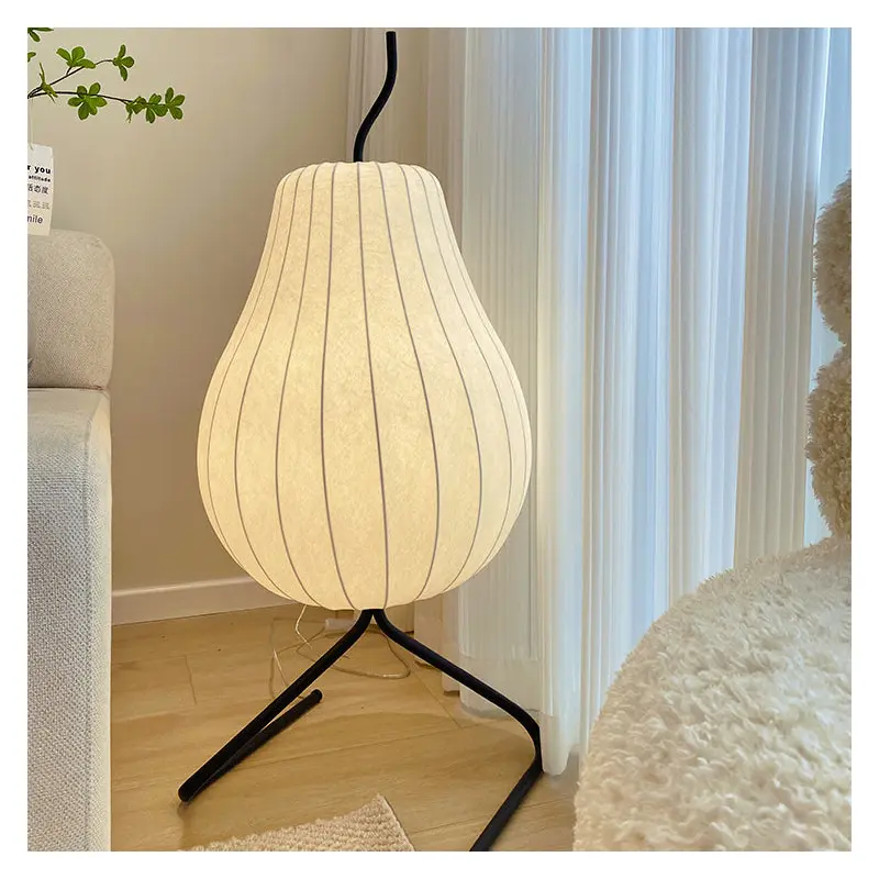 Traditional Japanese Pear Silk Shade Iron 1-Light Standing Floor Lamp For Living Room