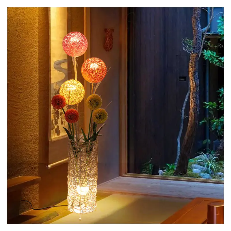 Traditional Japanese Plant Decoration Rattan Weaving Cylindrical Shade 1-Light Standing Floor Lamp For Living Room