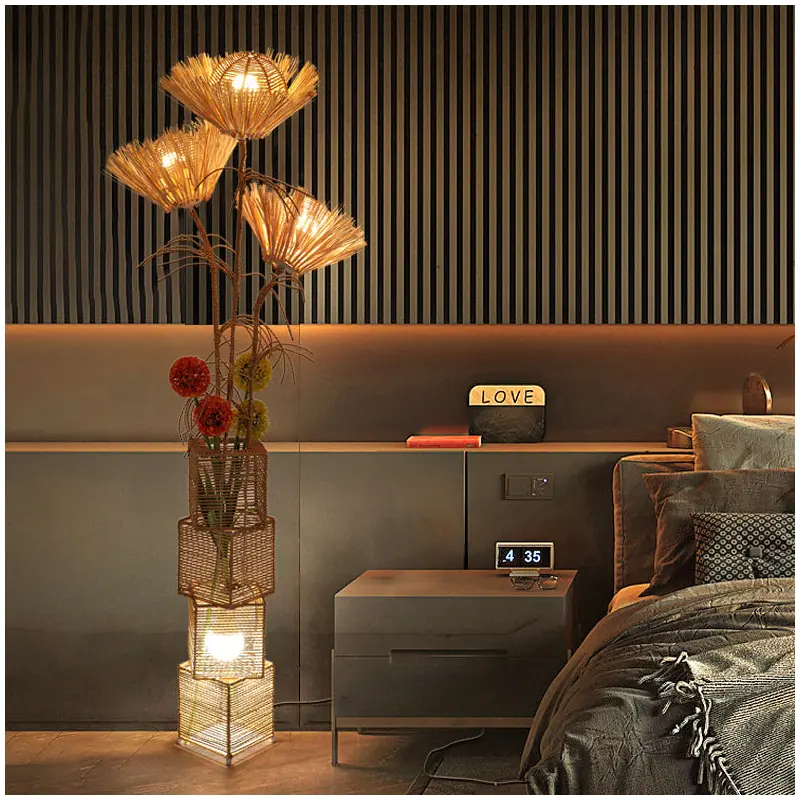 Traditional Japanese Plant Decoration Rattan Weaving Square Shade 1-Light Standing Floor Lamp For Living Room