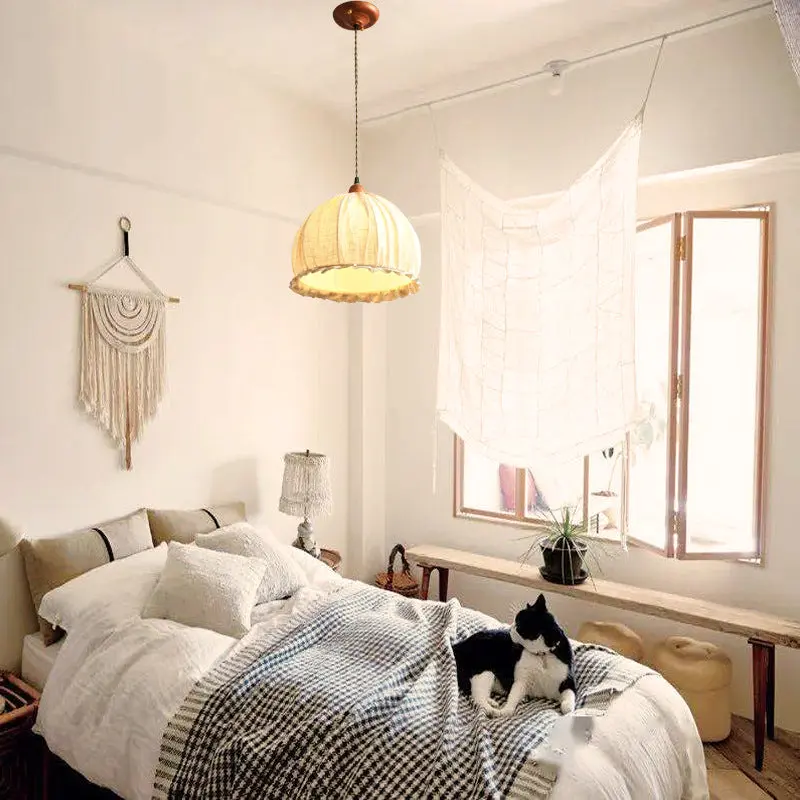 Traditional Vintage Half Round Skirted Fabric Iron 1-Light Pendant Light For Living Room