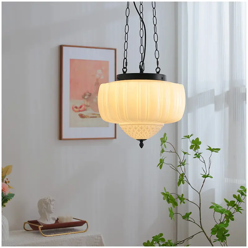 Traditional Vintage Diamond Round Iron Glass 3-Light Pendant Light For Bedroom