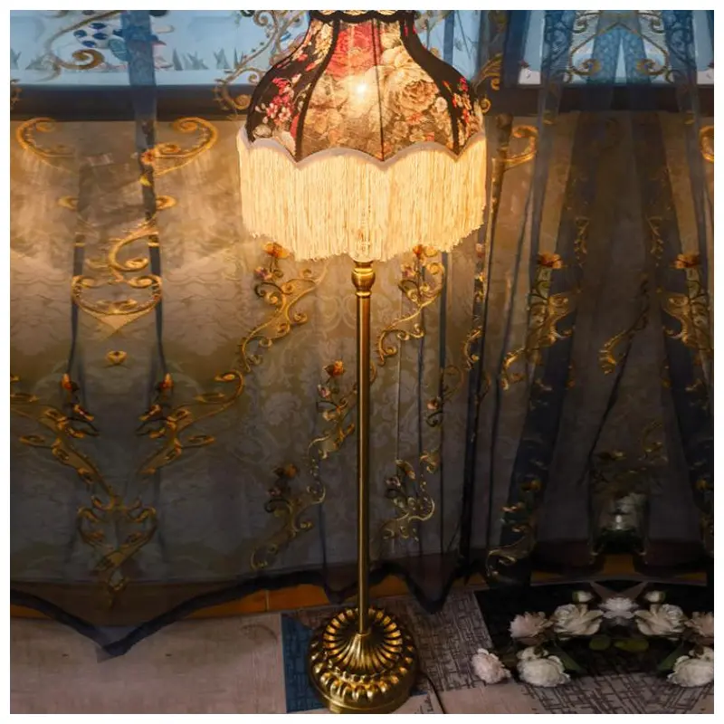 Traditional Vintage Floral Tassel Umbrella Fabric Iron 1-Light Standing Floor Lamp For Living Room