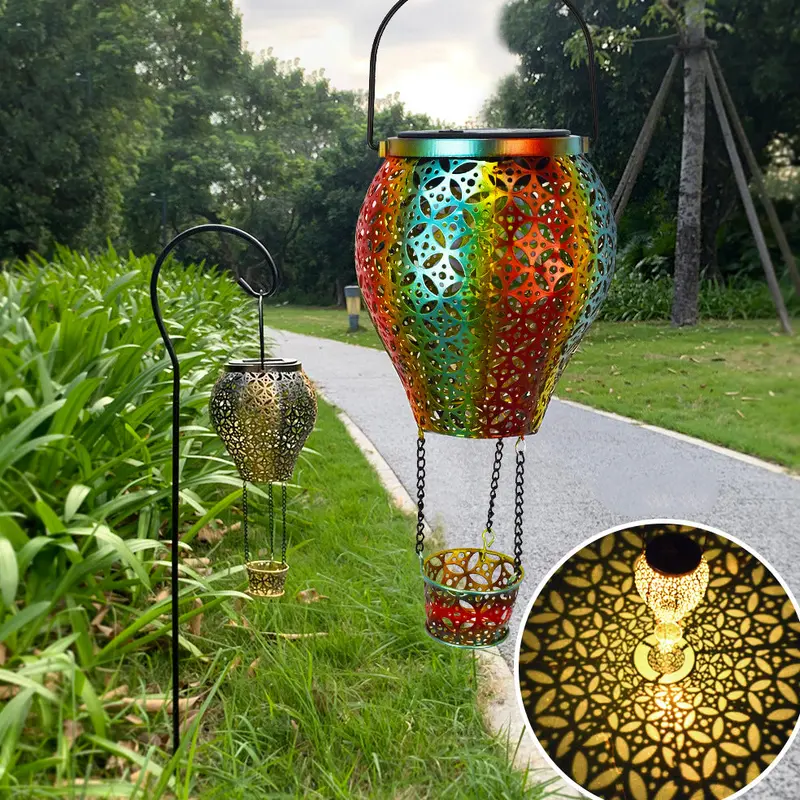 Traditional Vintage Hollow Out Hot Air Balloon Shape Solar Waterproof Iron LED Outdoor Ground Plug Light For Garden