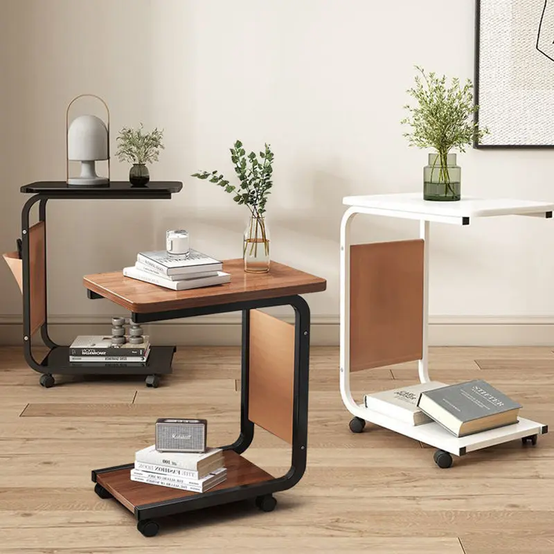 Contemporary Creative Engineered Wood Carbon Steel C-Shaped Rectangular Side Table 2-Tier For Living Room