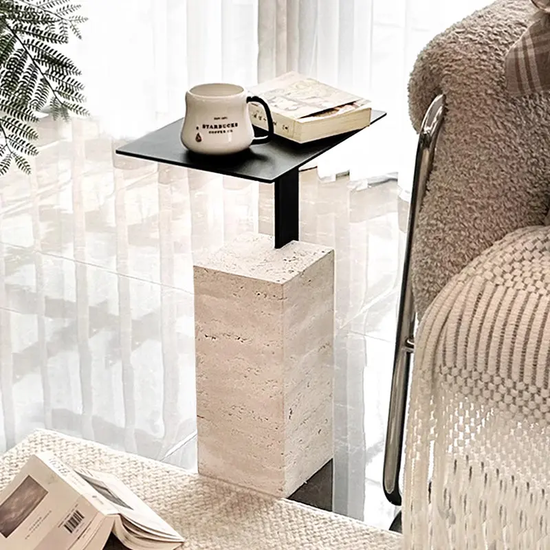 Contemporary Creative Square Carbon Steel Travertine Side Table 1-Tier For Living Room