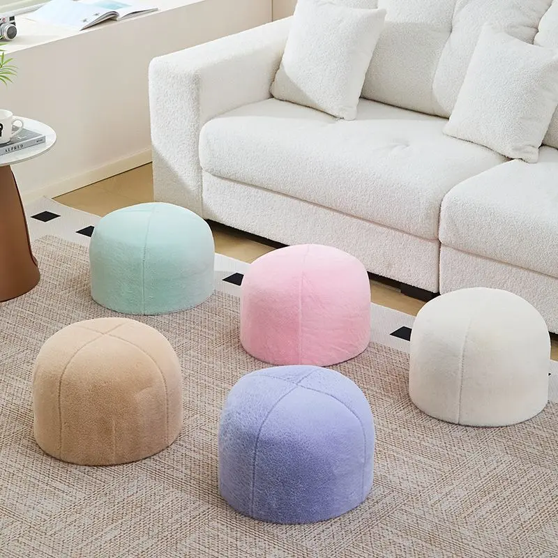 Contemporary Scandinavian Rabbit Fur Carbon Steel Round Barrel Low Stool For Living Room