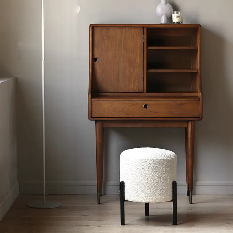 Contemporary Scandinavian Sherpa Fleece Metal Round Cylindrical Low Stool For Living Room