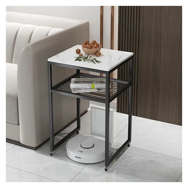 Contemporary Scandinavian Sintered Stone Iron Mobile Square Side Table 2-Tier For Living Room