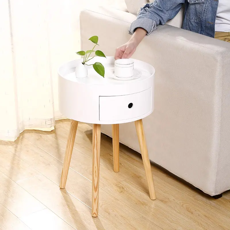 Contemporary Scandinavian Solid Wood Medium-Density Fiberboard Round Cylindrical Side Table 1-Tier For Living Room