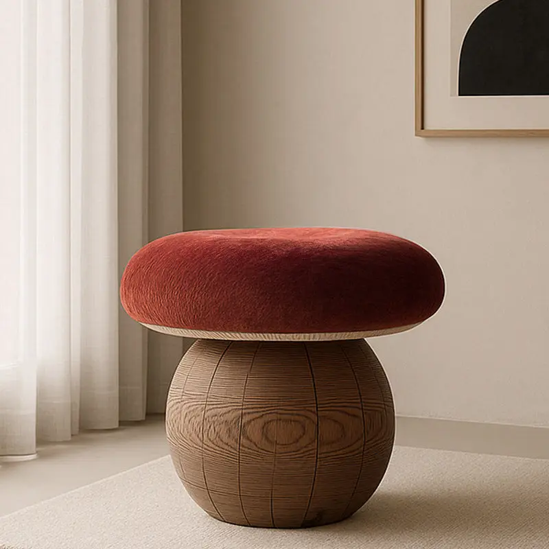 Modern Minimalist Mushroom-Shaped Solid Wood Fabric Low Stool Foam Cushion For Living Room