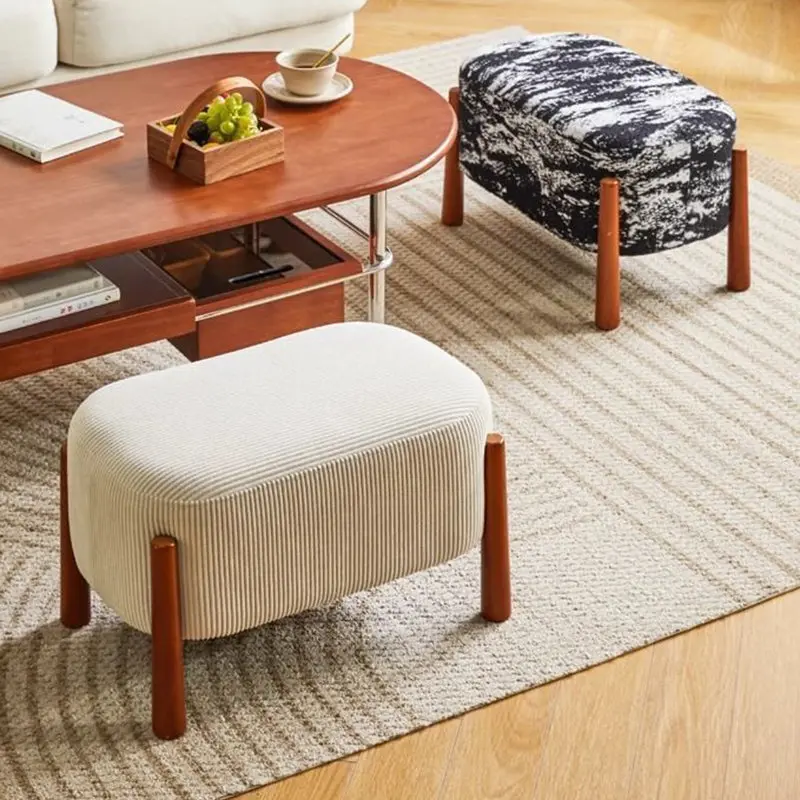 Modern Minimalist Oval Solid Wood Corduroy Teddy Fleece Faux Mink Fur Yarn Sponge Low Stool Backless Armless For Hallway
