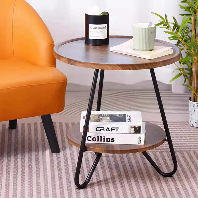 Modern Minimalist Round Medium Density Fiberboard Carbon Steel End Table 2-Tier 3-Leg For Living Room