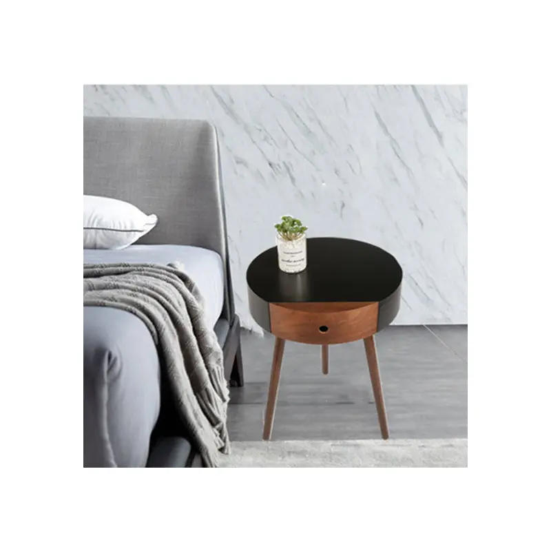 Traditional Chinese Solid Wood Medium-Density Fiberboard Cylindrical Round Side Table 1-Tier For Living Room